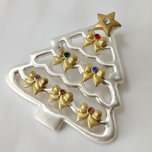 Silver and Gold Multicolor Stones Christmas Tree Brooch